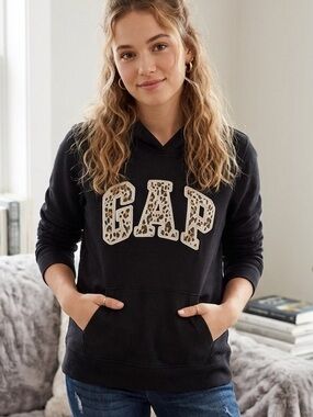 GAP Black Hoodie with Leopard Print Logo - Women's